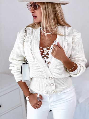 CHICME Cardigan for Women 2025 V Neck Long Sleeve Pearl Beaded Knitted Cardigan Sweaters3
