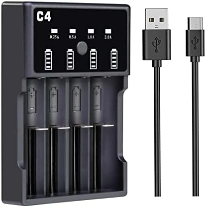 18650 Battery Charger 4 Bay Smart Universal Battery USB Fast Charger for 3.7V Rechargeable Li-ion Batteries Compatible 18650 26650 18490 17670 17500 16340 14500 and Ni-MH/Ni-Cd A AA AAA Batteries