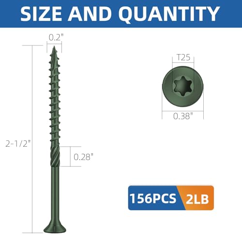 Image of #10 x 2-1 /2 inch Heavy-Duty Deck Screws - Green Long Outdoor Wood Screws, Torx Drive with T25 Bit, Rust Resistant for Wood Decking and Fence (2lb,156Pcs)