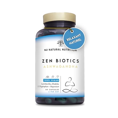 Ashwagandha + Magnesio + L-Tryptophane. Formule contre Cortisol, Stress et l'Anxiété. Favorise l'Équilibre Émotionnel. Vitamine B6 et Probiotiques. 60 capsules. Vegan. N2 Natural Nutrition