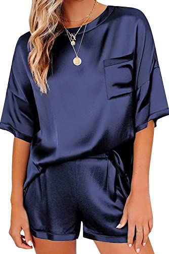Ekouaer Womens Satin Short Sleeve Sleepwear O-Neck Top With Shorts Pajama Set, Navy Blue, Large #TOP13