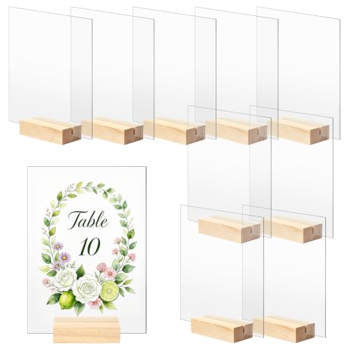 Image of Bercoor 10 Pack 5x7 Inch Blank Clear Acrylic Sign with Wooden Stands, Rectangle Top Acrylic Sheet, DIY Acrylic Rectangle Table Numbers for DIY Name Card Gifts Event Party Sign Decoration
