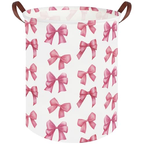 Image of FXOCSHE Bow laundry basket for girls,Nursery Hamper,Pink Laundry Hamper,Waterproof collapsible canvas laundry basket for girls,Pink Girls Laundry Basket,Living Room Decor(Bowknot)
