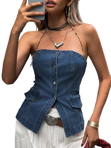 Cicy Bell Womens Strapless Denim Vest Summer Button Down Jean Tube Tops Y2k Going Out Fitted Bandeau Shirts Waistcoat Blue2