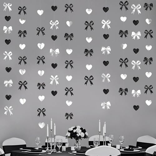 Image of Bow Decorations Siver Black Metallic Glitter Paper Bow Heart Hanging Garland Streamer for Coquette Birthday Valentines Bachelorette Wedding Bridal Shower Anniversary Hen Party Decorations Supplies