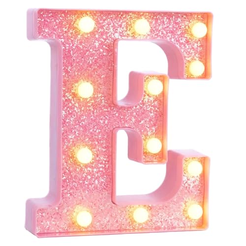 Image of Pink Marquee Light Up Letters, Glitter Alphabet LED Letter Lights for Pink Birthday Party Decorations, Battery Operated Letter Sign for Girls Room Vanity Table Decor, Warm White Lights Letter E