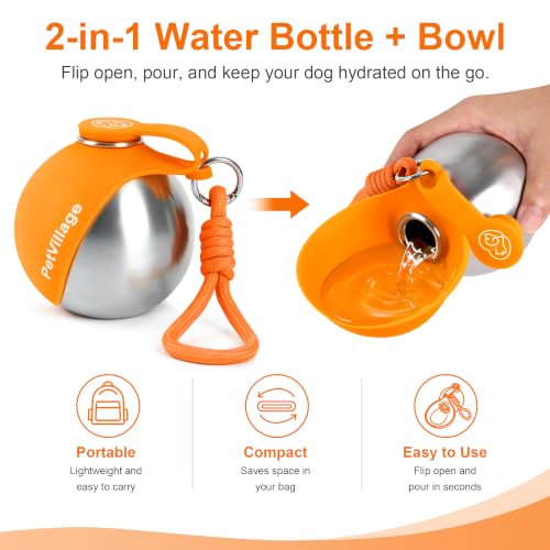 Image of 2-in-1 Dog Water Bottle with Foldable Bowl, Portable Leak-Proof Pet Travel Water Dispenser, Stainless Steel Dog Hydration Bottle for Walking, Hiking, Small Dogs & Puppies, Orange 10oz
