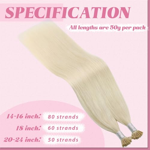 Image of YoungSee 50g 24 Inch I Tip Extensions Blonde Itip Human Hair Extensions Platinum Blonde 50 Strands Human Hair Itip Extension Itip Hair Extension Real Human Hairfor Long Straight Hair