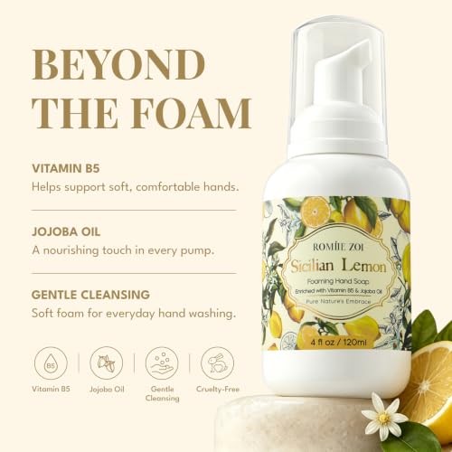 Image of ROMIIE ZOI Foaming Hand Soap, Sicilian Lemon Scent, 4 fl oz Travel Size | Natural SLS-Free Formula, Gentle Moisturizing, Rich Creamy Foam, w / Compact Refillable Dispenser
