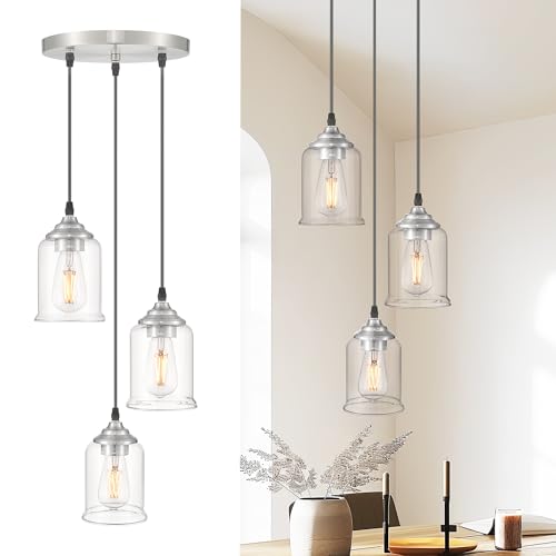 zeyu 3-Light Pendant Lighting, Adjustable Modern Cluster Pendant Light for Kitchen Island, Brushed Nickel Finish with Clear Glass Shade, ZSL104-3 BN