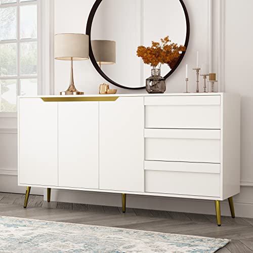Ecacad Modern Sideboard Buffet Storage Cabinet With 3 Drawers & 3 Doors, Kitchen Cupboard Console Cabinet With Metal Legs For Living Room, Entryway, White (63”L X 15.6”W X 33.4”H) #TOP13