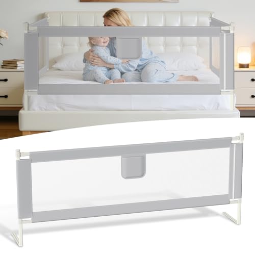 Peviasot Barrera de cama de 180 x 80 cm – Altura ajustable con cierre de seguridad, barandilla resistente para cuna y cama de padres, un lado, gris