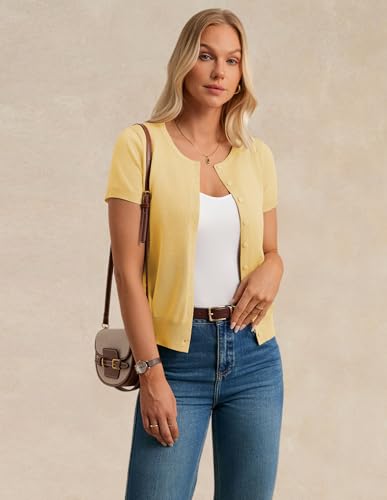 Image of GRACE KARIN Women Short Sleeve Cardigan, 2026 Summer Knitted Sweater Tops, Basic Crew Neck Crop Outfits