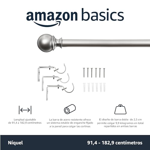 Miniatura 2 de Amazon Basics Barra De Cortina Extensible Con Remates Redondos, De 91 A 183 Cm, Color Níquel