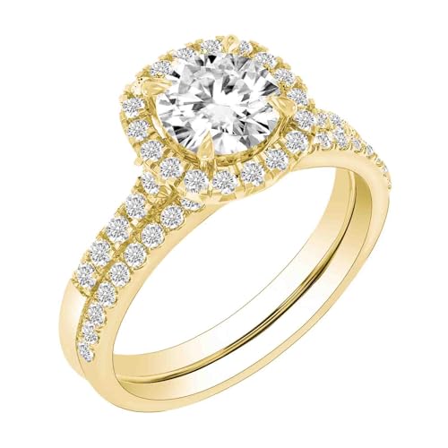 1ct Center Moissanite Round Cut Halo Engagement Wedding Bridal Band Ring Set in S925 Sterling Silver 18K Gold Plated