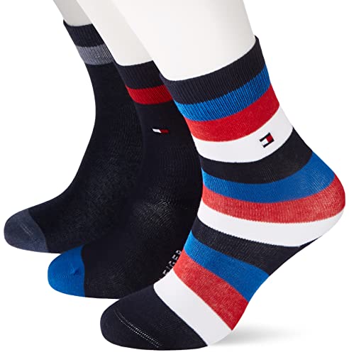 Tommy Hilfiger Stripe Sock 6 Pack Confezione da 6 Paia di Calzini a Righe Basic Ecom, Black/Jeans/Midnight Blue, 035 Ragazzi