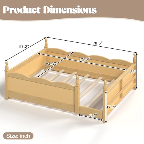 Image of Bellemave Full Size Montessori Floor Bed Frame with High Fence, Solid Wood Kids Floor Bed with Bookshelf, Low Profile Bed for Boys & Girls, Childlike Design,Natural