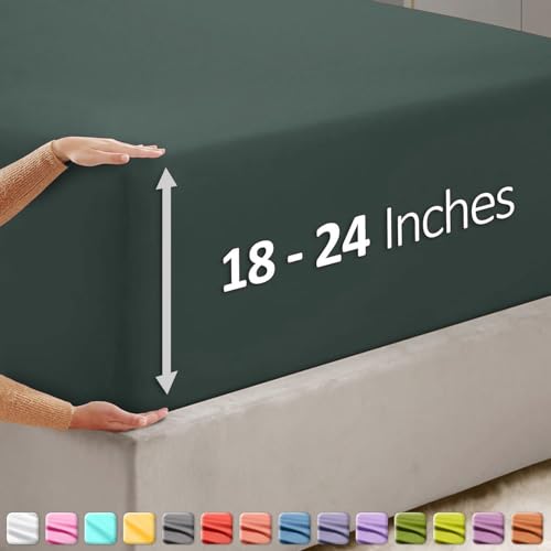 Image of Hearth & Harbor Extra Deep Pocket Full Fitted Sheet - Fits 18 to 24 Inch Mattress - Ultra Soft 1800 Microfiber, Wrinkle-Free & Breathable - Hotel Luxury Fitted Sheet Only, Forest Green