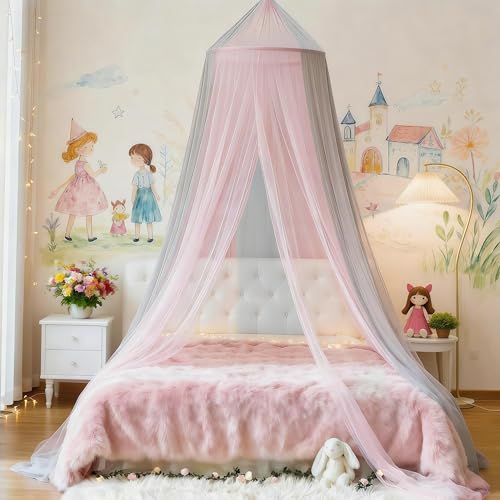 Image of Two-Tone Bed Canopy Mosquito Net, Bed Canopy for Girls Room Decor - Insect Protection Hanging Canopy for Indoor(Pink+Grey)