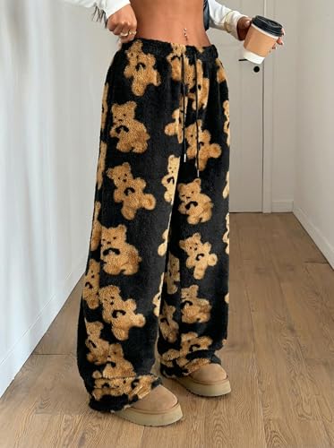 Image of ZAFUL Women's Fuzzy Plush Pajama Pants Wide Leg Pj Bottoms Lounge Pants | Soft Fluffy Sleep Pants Drawstring Elastic Waist Teddy Pjs for Women No Pockets