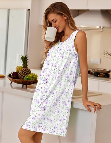 Image of Ekouaer Nightgowns for Women Button Up Sleepshirt Tank Sleeveless Nightshirt Soft Sleepwear with Pockets S-XXXL