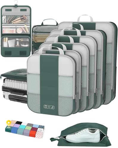 10 Set Compression Packing Cubes for Travel Essentials,Compressible Expandable Packing Cubes for Suitcase,OlarHike Luggage Organizer Bags for Travel,Handy Helper for Organizing Clothes(Dark Green)