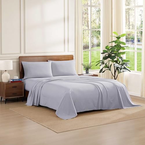 Image of Tommy Hilfiger - Full Size Sheets Set, Crisp & Tailored Cooling Sheets w /a Naturally Smooth Cotton Percale Lightweight Feel - Bed Sheets w /Matching Pillowcases & Fitted Sheet (Ithaca Stripe Blue)