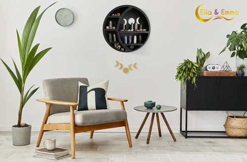Ella & Emma Wooden Moon Shelf For Crystals - Crescent Moon Crystal Shelf, Crystal Storage & Wall Hanging Shelves For Bedroom Aesthetic, Moon Phase Wall Decor & Crystal Display Shelf, Pinewood, Black #TOP6