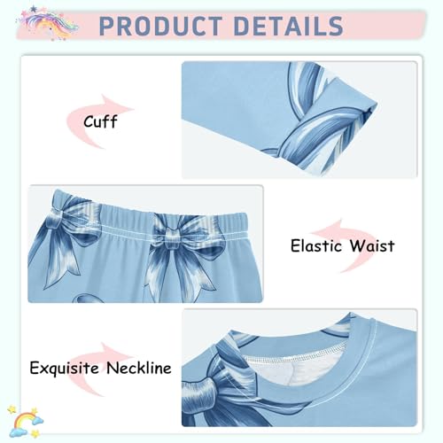 Pajama Sets Long Sleeve Blue Ribbon Bow Pattern Soft Comfy Sleepwear 2 Piece PJS 3-8T4