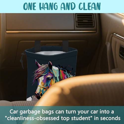 Image of Car Garbage Bag Abstract Colorful Horse Drawstring Car Trash Bag Hanging for Back Seat with Adjustable Buckle Canvas Vehicle Trash Can Easy-to-Install