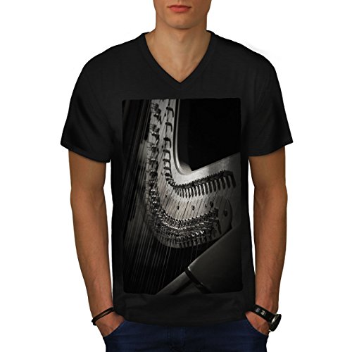Wellcoda Harp Instrument Art Mens V-Neck T-Shirt, Harp Graphic Print Tee Black Xl #TOP12
