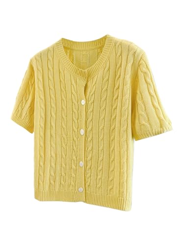 Women's Cable Knit Button Down Cardigan Short Sleeve Crewneck Sweaters Vintage Old Money Clothes