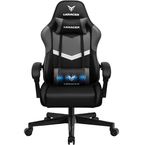 GTPLAYER Gaming Stuhl Bürostuhl Massage Gaming Sessel Ergonomischer Gamer Stuhl, Kopfstütze Massage-Lendenkissen, Gepolstert Gaming Chair, Drehsessel, grau