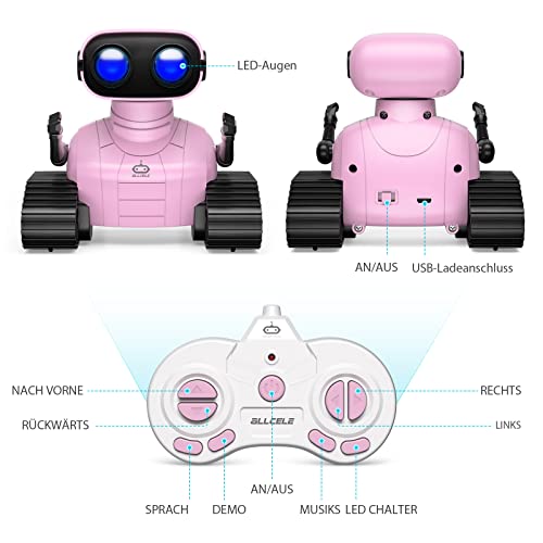 ALLCELE Roboter Kinder Spielzeug, Wiederaufladbares Ferngesteuertes mit LED-Augen Musik und Interessanten Geräuschen für ab 3 4 5 6 7 8 Jahre Jungen und Mädchen Geschenk -Pink