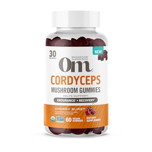 OM MUSHROOM SUPERFOOD Cordyceps Gummies USA Grown Organic Mushrooms Supports Endurance Energy & Recovery Cherry Burst Flavour 30 Servings 60 Count.