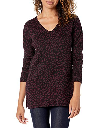 Amazon Essentials Women's Lightweight Long-Sleeve V-Neck Tunic Sweater (Available in Plus Size), Burgundy, Animal, Small