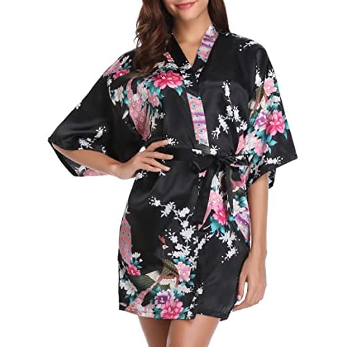 Vlazom Kimono Mujer Vestir Corto de Satén, Bata Seda Mujer de Cuello en V con Estampado Floral y de Pavo Real, Batas Novia y Dama de Honor de Manga 3/4 con Cinturón,Negro,M