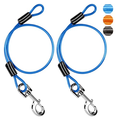 Chew Proof Dog Leash Extender, 2FT 5mm Metal Lead Extension, 360° Tangle-Free for Walking & Training Puppies, Fits Small-Medium-Large Dogs, Collar & Harness Compatible (Black-Orange-Blue)
