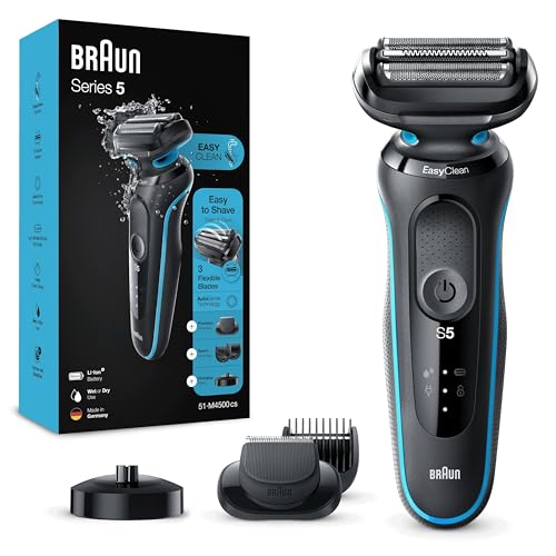 Braun Series 5 51-M4500cs - Rasoio Elettrico Barba Con Testina e Lame Flessibili, Accessorio Regolabarba Incluso E Base Di Ricarica, 100% Impermeabile E Ricaricabile, Grigio/Azzurro