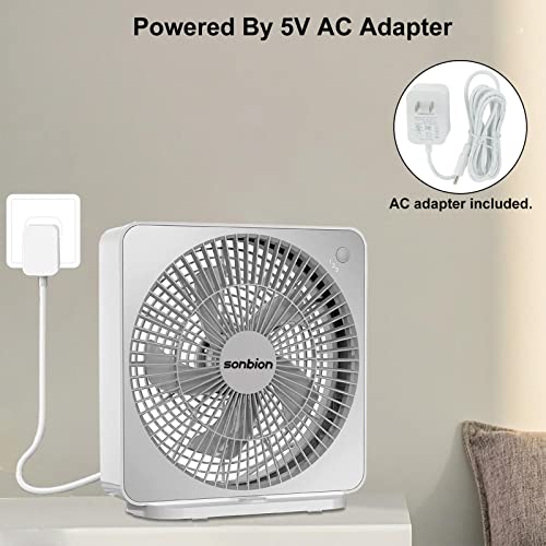 Sonbion Box Fan 10 Inch, Three Speeds Table Cooling Fan With Ac Adapter, Energy Efficient Small Desk Window Fan For Home Office Bedroom Apartment, One Button Control Strong Wind Fan, White Noise #TOP4