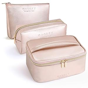 MAGEFY 3Pcs Makeup Bags for Women Portable Travel Cosmetic Bag with Gold Zipper Waterproof Makeup Bag Organizer for Purse (Rose Gold)