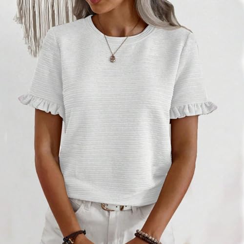 Camiseta de manga corta con cuello redondo y volantes para mujer, Blanco, XL