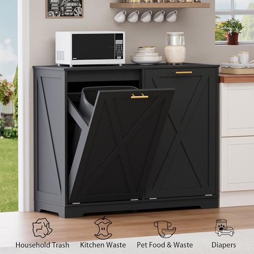 Image of Double Tilt Out Trash Can Cabinet, Wooden Farmhouse Kitchen Garbage Bin Enclosure with Negative Ion Odor Control, Hidden Dog Proof Trash or Laundry Basket Storage for Laundry Room, Black