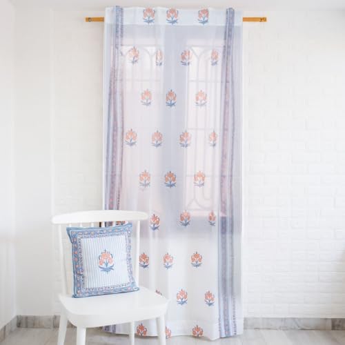 Image of Peepul Tree Pure Cotton Handprinted Blue and Peach Floral Sheer Curtain | Set of 1 | 8 ft | Inspired by Rajasthan Palaces | Royal Courtyards Collection