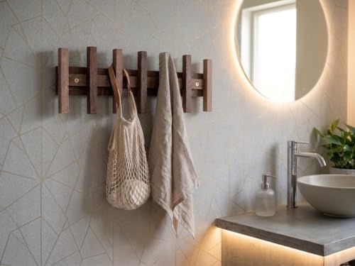 Image of Wooden Wall Mounted Coat Rack with Multiple Hooks, Decorative Wall Hanger for Clothes, Jackets, Bags, Scarves, Towels & Home Organization