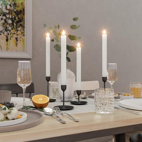 Image of Rechargeable Flameless Taper Candles with Remote, Charging Base, 6 Pcs | 0.78x9.6 inch white wax LED tapers, 3D flicker, 2.5-hour USB-C charge, up to 160-hour runtime for Home Wedding Christmas Decor