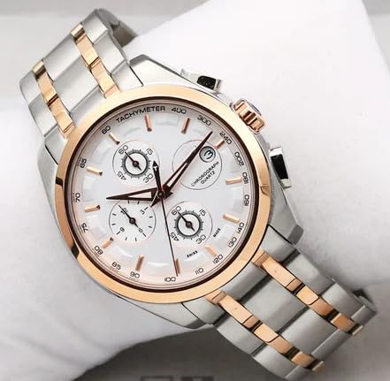 Image of Men's Luxury Analog Watch, Round Rose Gold Case, Black Dial, Stainless Steel Two-Tone Bracelet Strap for Office, Business