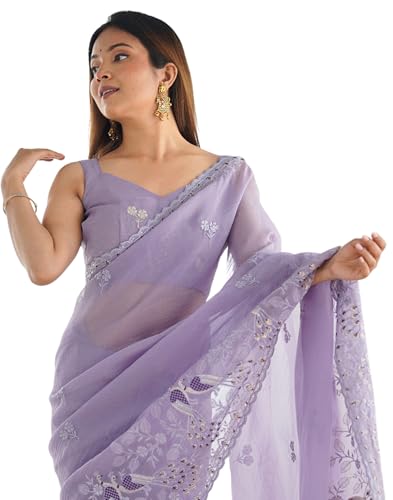 Image of SIRIL Women's Silk Blend Sequence Embroidery Saree With Unstitched Blouse Piece for Wedding and Parties