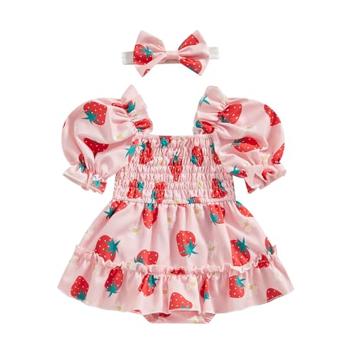 Image of Infant Baby Girls Romper Dress 3 6 9 12 18 Months Onesie Summer Clothes Ruched Jumpsuits Hem Bodysuits Headband