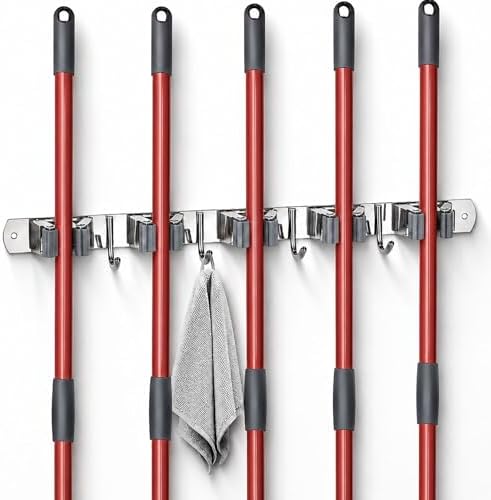voze 5 Racks and 4 Hooks Mop and Broom Holder Wall Mount, Self Ad...